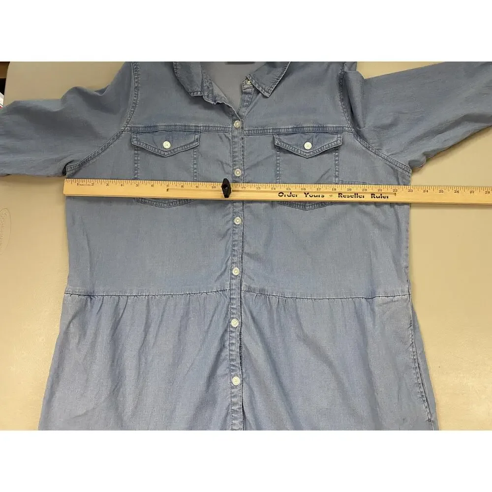 Belle BOHO Kim Gravel Chambray Dress Large Blue Denim Tiered Pockets Ruffle - Picture 8 of 13